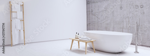 new modern zen bathroom with white and concrete wall. 3d rendering