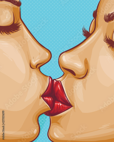 Vector pop art sexy women kissing each other, lesbian love. Faces with red lips, closed eyes isolated on blue background. Homosexual relationship, sensual cartoon characters for ad poster, banner.