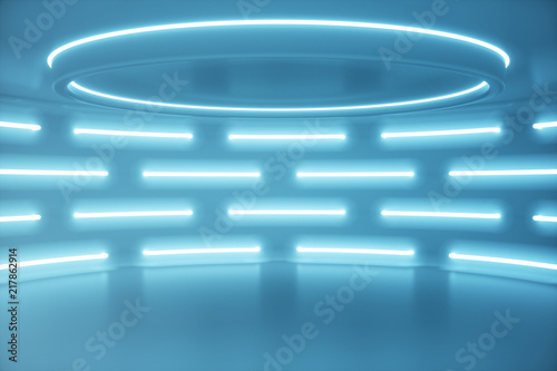 Interior blue futuristic background, sci-fi interior concept. Empty interior with neon lights 3D illustration