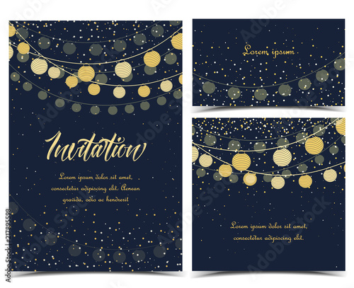Vector illustration chain of lanterns. Invitation card, party celebration. Set of greeting cards