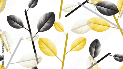 Seamless pattern, black, yellow and white leaves with branch on white background
