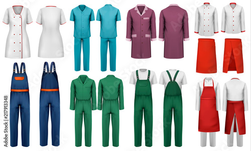 Set of overalls with worker and medical clothes. Design template. Vector illustration.