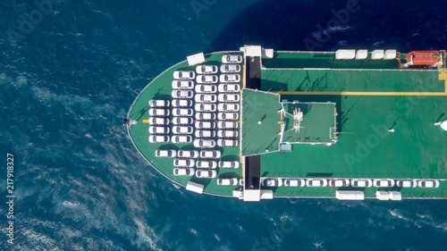 Aerial image of a Large RoRo (Roll on/off) Vehicle carrie vessel cruising the Mediterranean sea