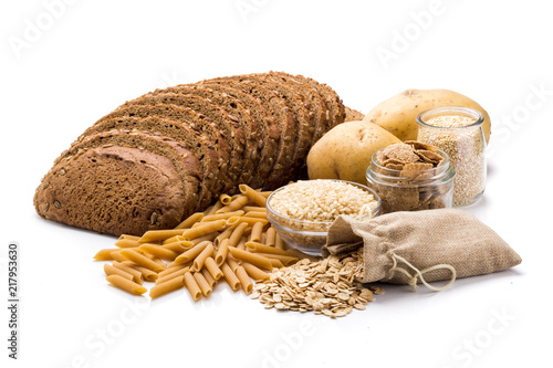 Group of whole foods, complex carbohydrates isolated on a white background