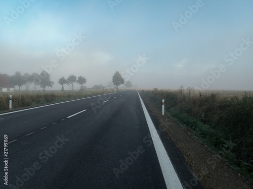 czech countryside road in a morning mist