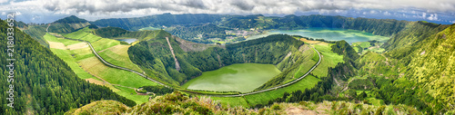 Panoramic view of Crater Sete Cidades from Pico da Cruz at Sao Miguel, Azores