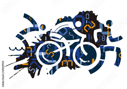 Triathlon race with digital numbers background. Stylized icons of Three triathlon athletes with digital numbers symbolizing time measurement. Vector available