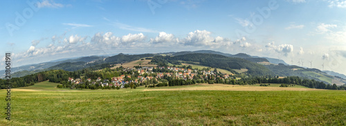 scenic view with fields to village of Leitersweiler in Sankt Wendel,