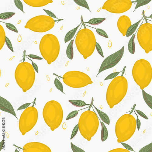 Fresh lemons background. Hand drawn overlapping backdrop. Colorful wallpaper vector. Seamless pattern with citrus fruits collection. Decorative illustration, good for printing