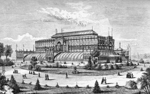 Vintage print of the garden pavilion ofthe Philadelphia world fair 1876 , the Centennial International Exhibition, first world fair in United States, historical Expo at Fairmount Park in Philadelphia