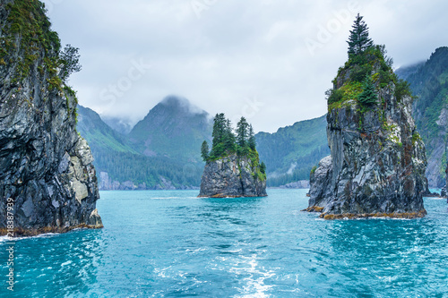 Blue waters and tree covered rocks jutting out of water on a cloudy morning at Porcupine bay at Kenai Fjords National Park, Alaska