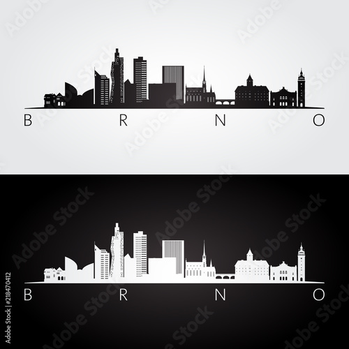 Brno skyline and landmarks silhouette, black and white design, vector illustration.