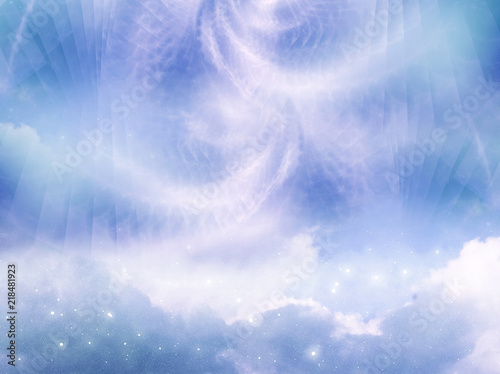 abstract magic mystic angelic background with sky, clouds and stars in blue green tonality 