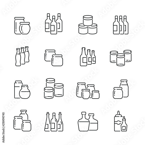 Jars and bottles related icons: thin vector icon set, black and white kit