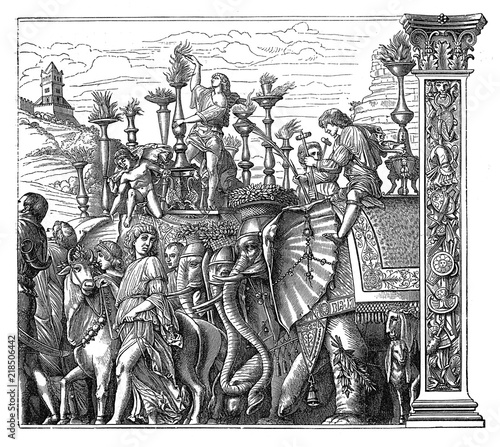 Vintage engraving of Triumphs of Caesar, detail,painted by Italian Renaissance artist Andrea Mantegna between 1484 and 1492 for the Gonzaga Duke of Mantua