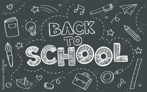 Back to school concept with objects on blackboard poster in doodle style.