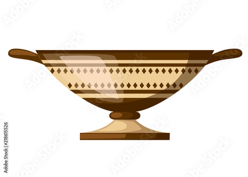 Ancient Greece kylix drinking cup. Ancient wine cup cylix with patterns. Greek pottery icon. Flat vector illustration isolated on white background