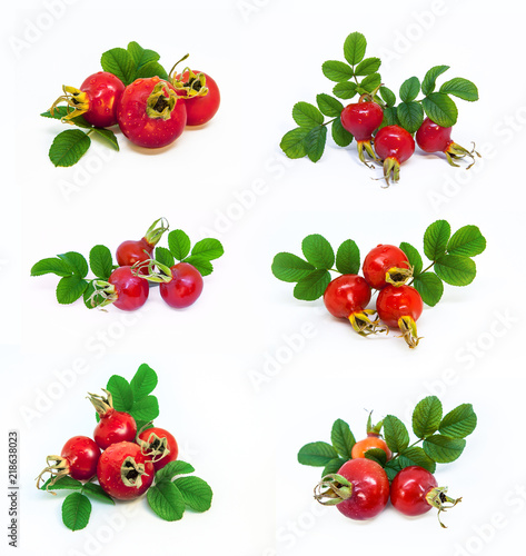 Fresh Rose Hips with leaves. Giant Berries hips on white background. A set of photos, rose hip berry in different angles.