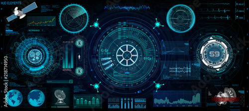 Head-Up Interface set for GUI, UI, UX design. HUD style, Technology elements set (space, dashboard, hologram, spaceship, medicine, finance, analytics) View from the cockpit spaceship HUD UI style 