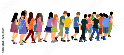 Kids going to school together, vector illustration. Back to School. Happy boys and girls. School kids excursion vector illustration. Children crowds. Children in big group. Friends cross the street.