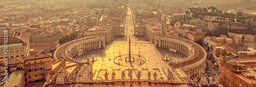 Web banner, panoramic aerial view at sunrise of St Peter's square in Vatican, Rome Italy