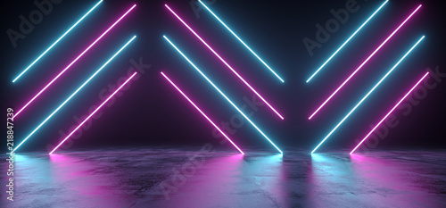 Futuristic Modern Sci-Fi Neon Tube Glowing Shapes On Rough Concrete Surface And Empty Space Between Purple And Blue Colors 3D Rendering