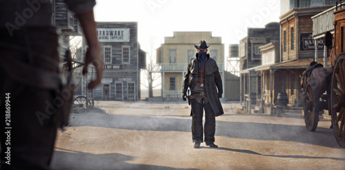 Western outlaw facing off against a cowboy in a classic gunfight in the center of town. 3d rendering 