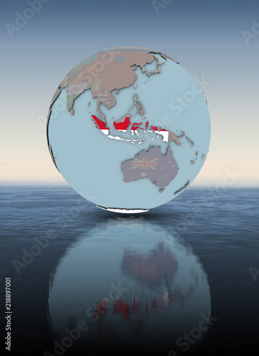 Indonesia on globe above water surface