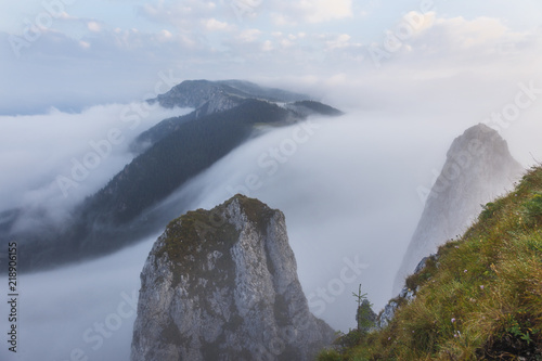 Beautiful landscape with stones, forest and fog. Sunrise in Romanian national park Hasmas.