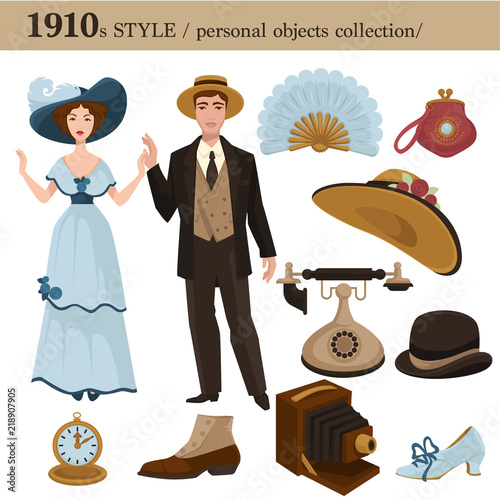 1910 fashion style man and woman personal objects