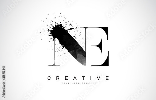 NE N E Letter Logo Design with Black Ink Watercolor Splash Spill Vector.