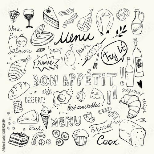 Restaurant Doodle Set. Hand Drawn Vector Illustration. Pencil Ink Drawing. Bon Appetit Food Collection 
