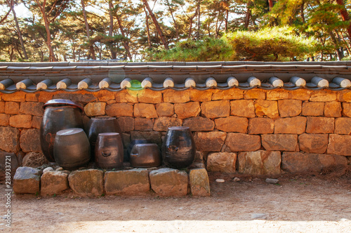 Kimchi pots at Danjong banishment place at Cheongryeongpo cape. Yeongwol, South Korea