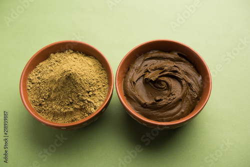 Henna / Mehandi powder and paste. Prepared for Hair colouring or for tattoo on hand in Indian weddings/festivals. selective focus