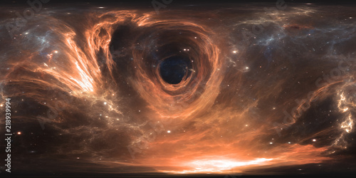 360 degree massive black hole panorama, equirectangular projection, environment map. HDRI spherical panorama. Space background with black hole and stars