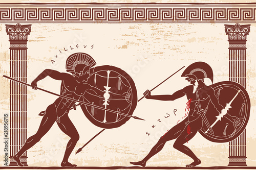 Two ancient Greek warrior Hector and Achilles with a spear and shield in his hands is fight between the columns on a beige background with an aged effect.