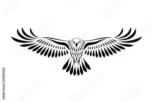 Engraving of stylized hawk. Linear drawing. Decorative bird.