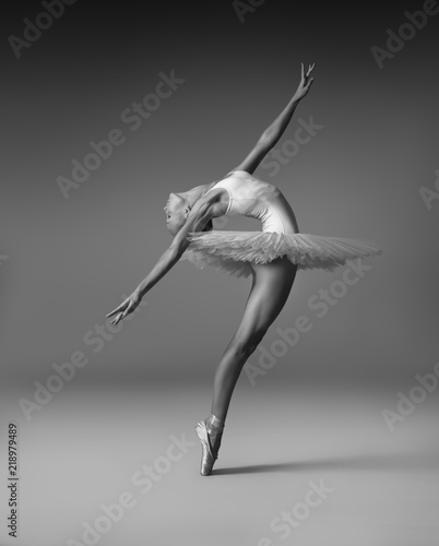 Ballerina in a tutu and pointe shoes makes a beautiful pose