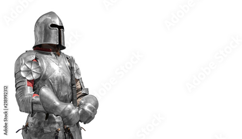 Knight in shiny metal armor on a white background.