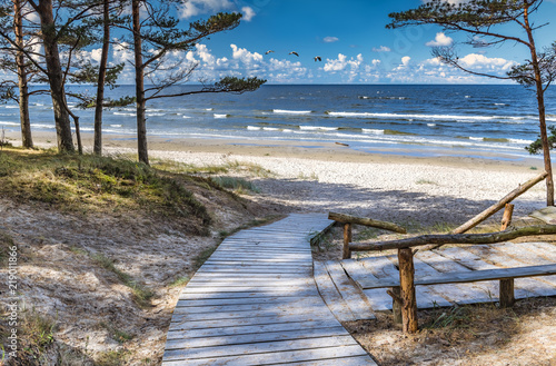 Scenic view and resting wooden spot near a sandy beach of the Baltic Sea