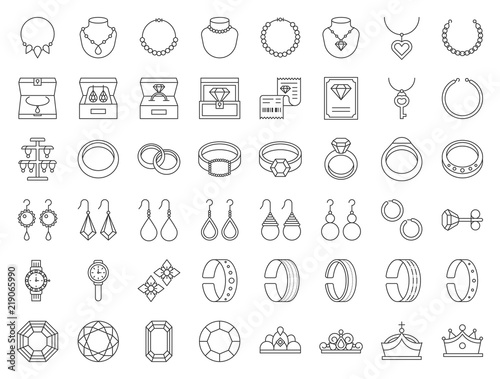 diamond, gemstones and jewelry related, thin line icon set