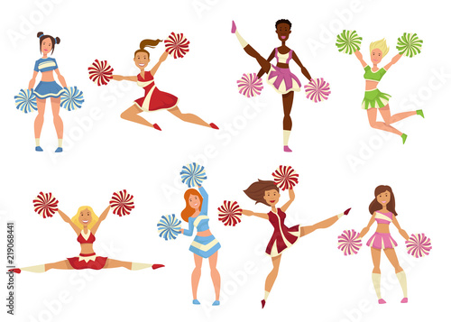Cheerleaders girls performing with cheerleading pompoms. Vector sport team support girls