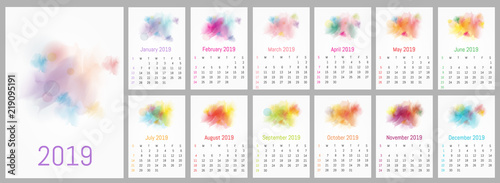 Vector watercolor design calendar 2019