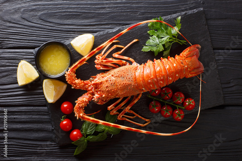 Expensive food: spiny boiled lobster with fresh tomato, lemon and melted butter close-up on black stone. Horizontal top view from above