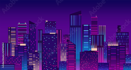 Night city. Colorful new york urban background. Modern cityscape panorama vector illustration