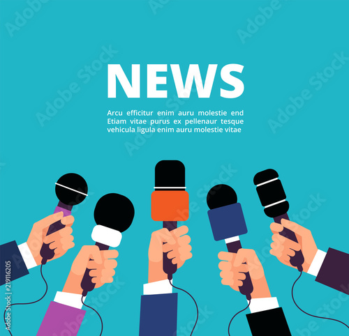 News concept with microphones. Broadcasting, interview and communication vector banner with handa holding microphones