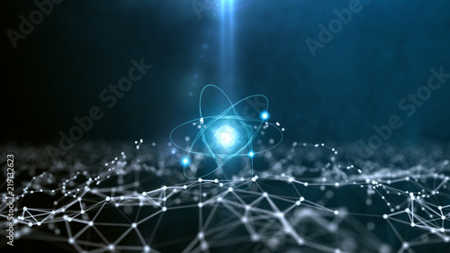 Abstract polygonal space background with connecting dots and lines. Abstract atom from particles.