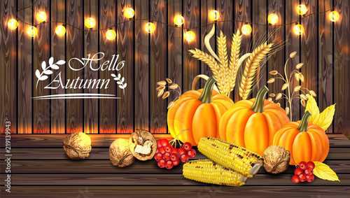 Autumn harvest card Vector realistic with Pumpkin, corn, walnuts. Detailed 3d design. Wooden background with lights