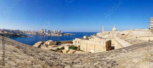 Panoramic view of Valletta Grand harbour from wide fortification wall, Malta