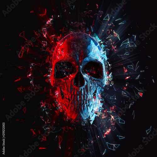 Red and blue neon polygon glowing skull